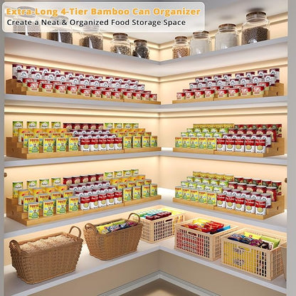 4-Tier Extra-Long Expandable Can Rack, Adjustable Bamboo Organizer for Pantry, Can Storage Holder for Pantry Shelf & Countertop, Large Capacity Holds 60 Cans (3.75oz), Patent Pending
