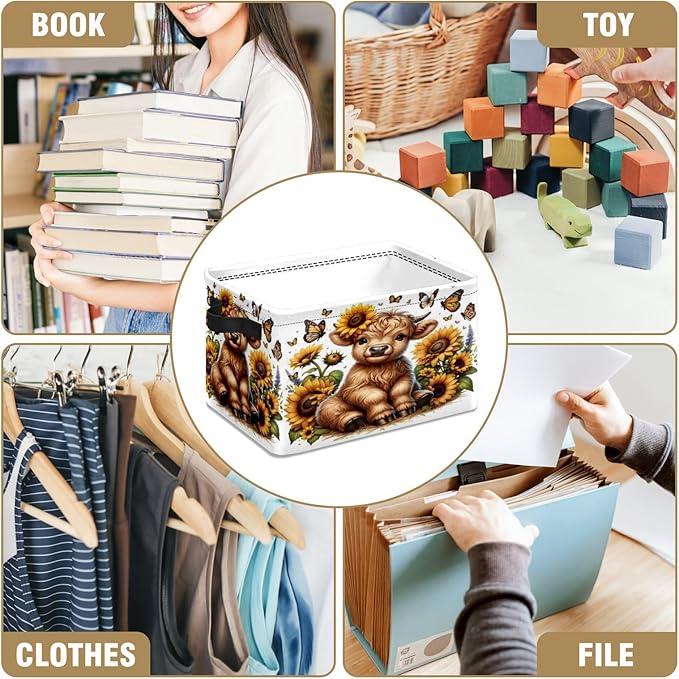 Highland Cow Sunflower Butterfly Storage Basket Large Foldable Storage Bin Cube Collapsible Organizer for Pantry Bedroom Decor