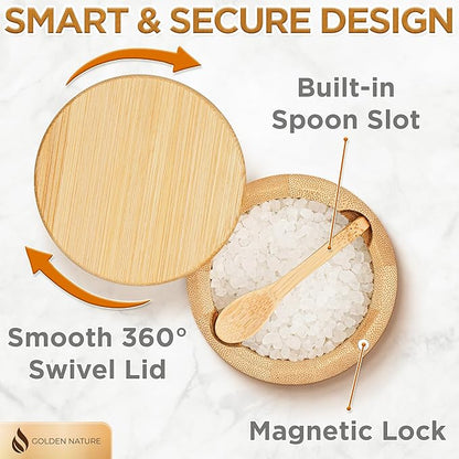 Salt Jar with Lid and Spoon - Sea Salt Flake Holder - Bamboo Cellar with Magnetic Swivel Lid & Built In Spoon Slot - Spice Container Storage Box for Countertop - Pepper Crock