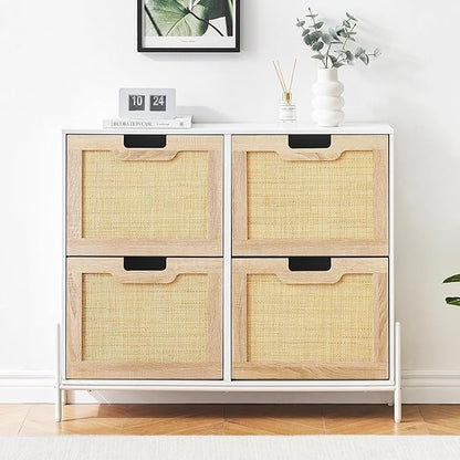 IDEALHOUSE Rattan Shoe Storage Cabinet with 4 Flip Drawers, Freestanding Shoe Organizer with Adjustable Shelves for Entryway, Narrow Shoe Rack Cabinet, Farmhouse Slim Shoe Cabinet, White