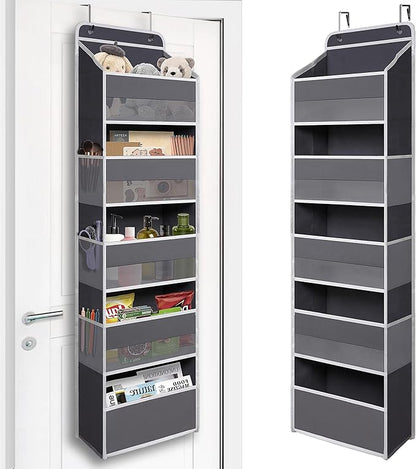 TYMENSH Gray Over Door Organizer with 5 Large Clear Pockets and 6 Side Mesh Pockets, Anti-Tilt Hanging Door Storage for Closet, Bathroom, Bedroom, Dorm, Nursery, Toys