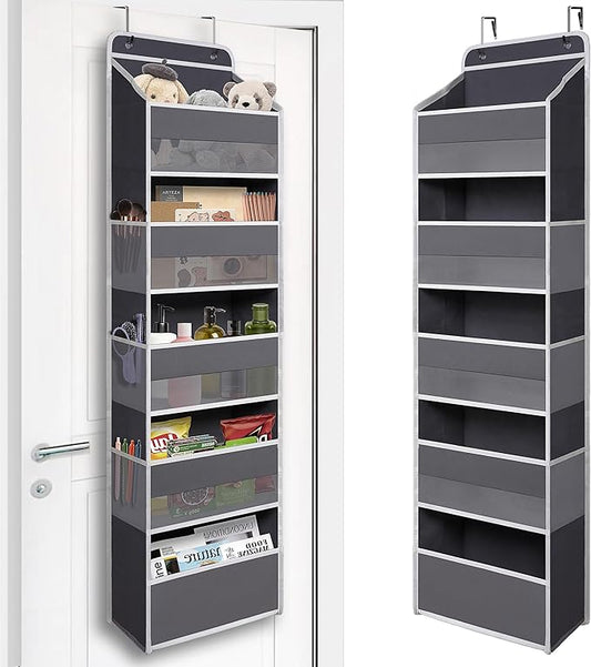 TYMENSH Gray Over Door Organizer with 5 Large Clear Pockets and 6 Side Mesh Pockets, Anti-Tilt Hanging Door Storage for Closet, Bathroom, Bedroom, Dorm, Nursery, Toys
