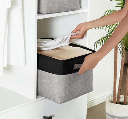 DECOMOMO Storage Bins, Large Fabric Storage Baskets for Shelves, Decorative Linen Closet Organizer, 15 x 11 x 9.5 inches (Grey & Black, 3 Pack)