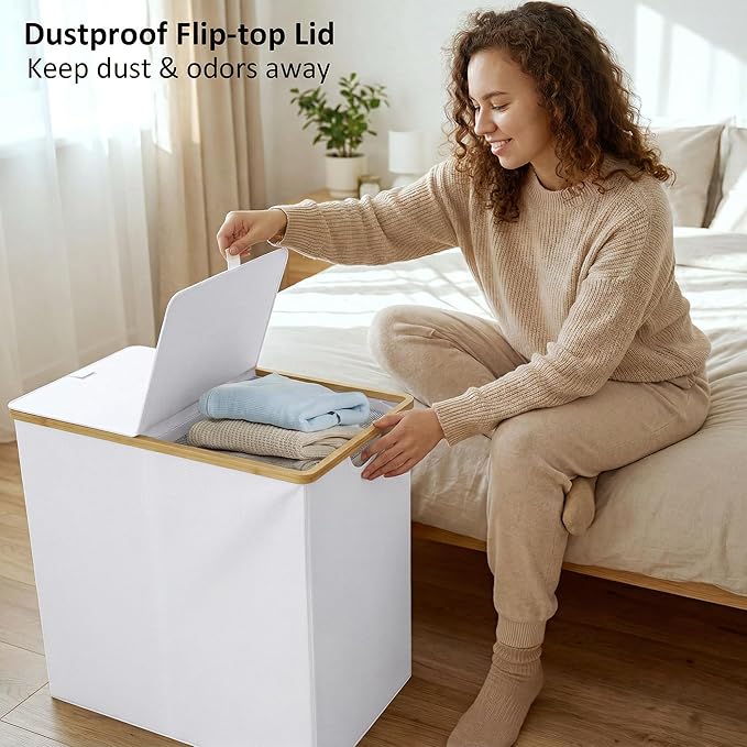 efluky Laundry Hamper with Lid, Double Laundry Basket with 2 Removable Bags, 2 Section Laundry Bin with Bamboo Handles for Bathroom, Bedroom & Laundry Room, 140L (36.9 Gallon) White