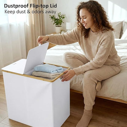 efluky Laundry Hamper with Lid, Double Laundry Basket with 2 Removable Bags, 2 Section Laundry Bin with Bamboo Handles for Bathroom, Bedroom & Laundry Room, 140L (36.9 Gallon) White