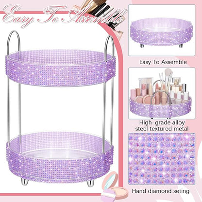 Honeydak 360 Rotating Perfume Organizer for Mother Day Nurse Day Rhinestone Bathroom Counter Organizer Makeup Holder Skincare and Perfume Storage for Cosmetic Countertop(2 Tiers,Resin Stone,Purple)