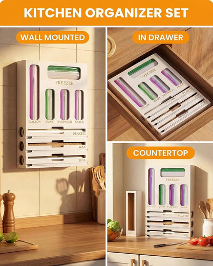 Bamboo Foil and Plastic Wrap Organizer for Kitchen Drawer, 2024 New 9 in 1 Plastic Bag Organizer Organization and Storage, Food Storage Bag Organizer with Labels for Quart Gallon Snack (White)