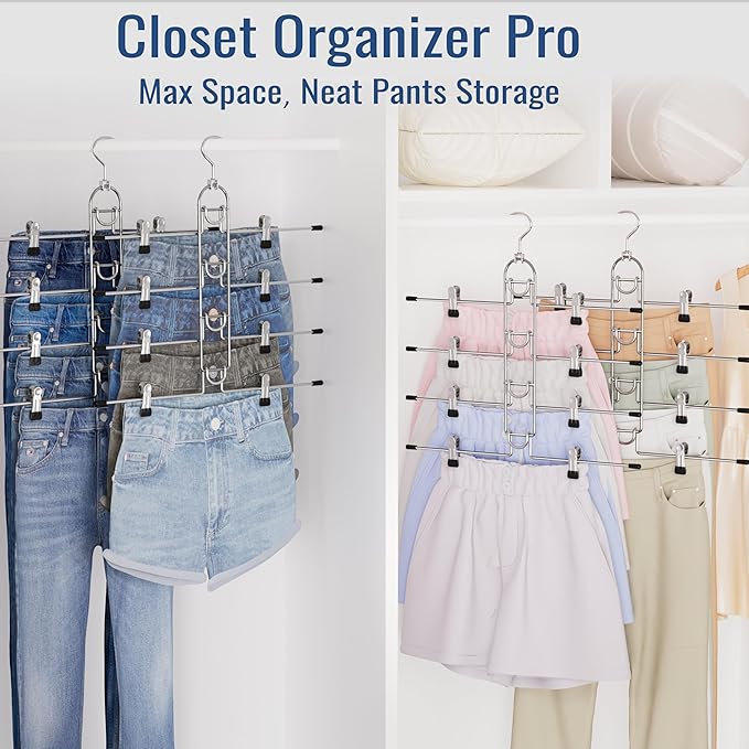 Pants Hangers With Clips, Newly Upgraded Detachable Space Saving Hangers for Skirts, Shorts & Trousers with Non slip clip,Heavy Duty Skirt Hangers - Hanging Closet Organizer And Storage,Patent Pending