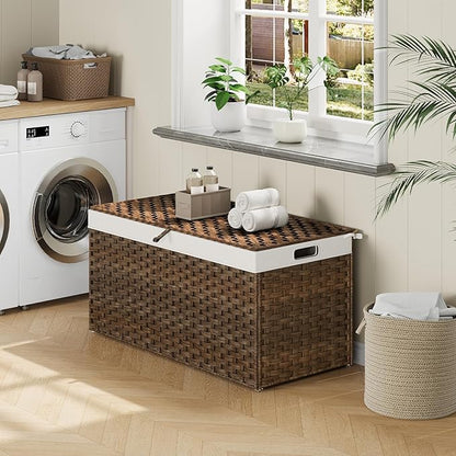 HOOBRO Storage Basket with Lid, 52.8 Gallon (200L) Wicker Basket, Handwoven Blanket Storage Basket with Handles, Metal Frame and Soft Lining, Foldable for Bedroom, Laundry Room, Brown BR220CW01