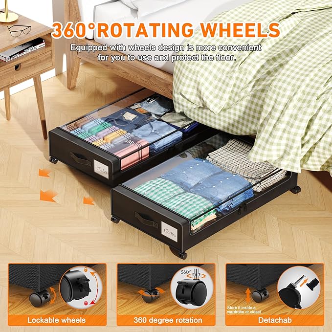 Under Bed Storage with Wheels, 2 Pack Under Bed Storage Containers with Clear Lids, XXL 65L Under Bed Storage Organizer, Rolling Under Bed Metal Drawer for Blanket, Clothes, Shoes (31 x 17 x 6.69 in)