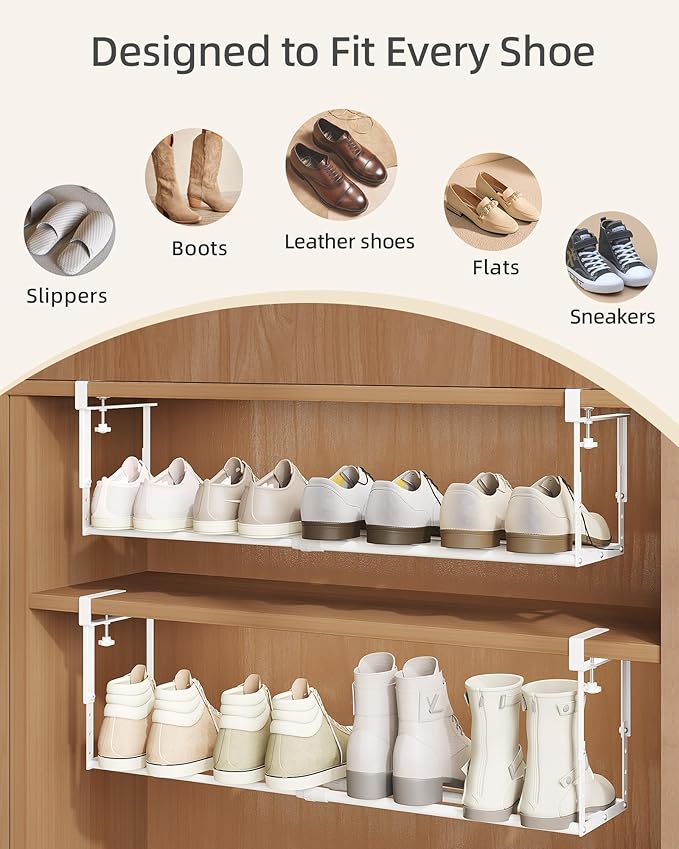 2 Pack Expandable Shoe Rack Organizer for Cabinet, Adjustable Hanging Under Shelf Storage, Sturdy Round Tube Design, Space Saving Shoe Shelf for Closet, Entryway, Laundry Room, White