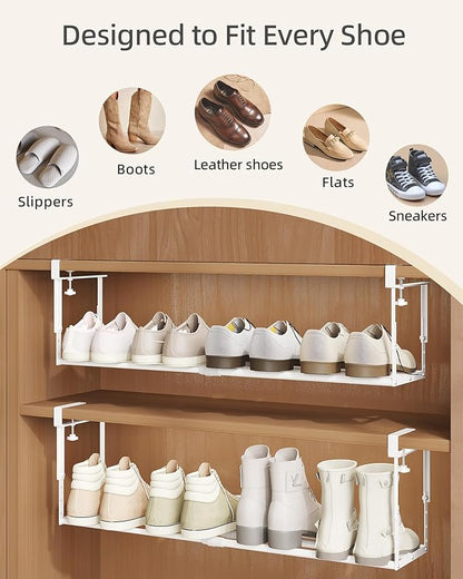 2 Pack Expandable Shoe Rack Organizer for Cabinet, Adjustable Hanging Under Shelf Storage, Sturdy Round Tube Design, Space Saving Shoe Shelf for Closet, Entryway, Laundry Room, White