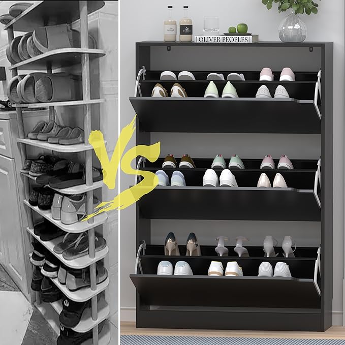 HUANLEGO Shoe Storage Cabinet for Entryway, Black Shoe Cabinet with 3 Flip Drawers Hidden Shoe Storage Modern Shoe Rack Storage Organizer for Entryway,Closet, Living Room,Hallway…