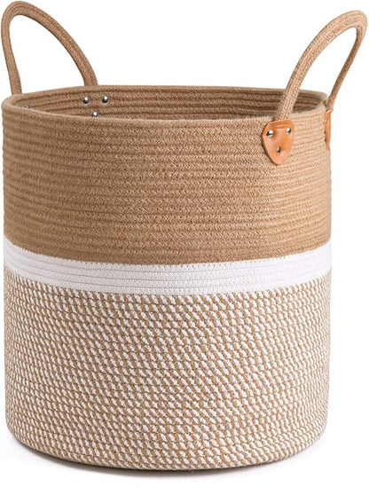 CHICVITA Extra Large Woven Storage Basket with Handles – Laundry Basket Toy Towels Jute Blanket Basket Home Decor Gift, 16" x 16", White