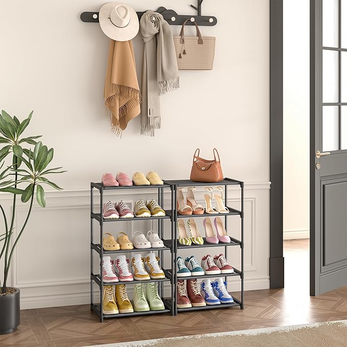 Autonomier 10 Tier Tall Shoe Rack, Non-Woven Fabrics Compact Narrow Shoe Stand Shelf, Vertical Small Space Saving Storage Organizer for Closet Floor, Front Door Entrance, Entryway, Black