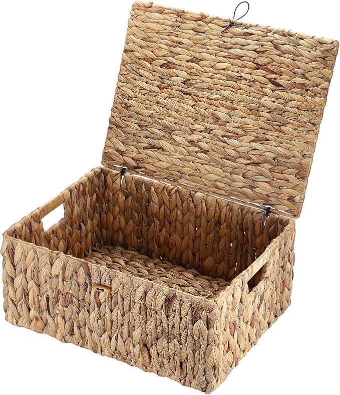 Hipiwe Handwoven Wicker Basket Natural Water Hyacinth Storage Bin with Lid Decorative Shelf Basket with Handles for Closet Living Room Bathroom, 17.0" L x 13.2" W x 7.0" H