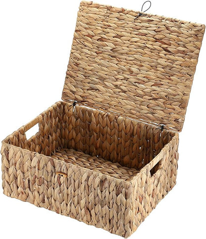 Hipiwe Handwoven Wicker Basket Natural Water Hyacinth Storage Bin with Lid Decorative Shelf Basket with Handles for Closet Living Room Bathroom, 17.0" L x 13.2" W x 7.0" H