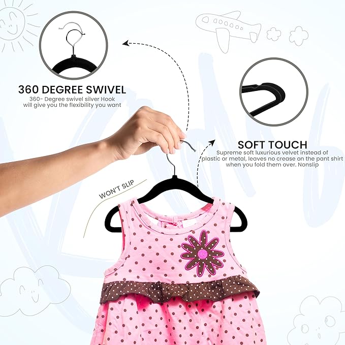 Utopia Home Kids Velvet Hangers 50 Pack – 11 Inch Non-Slip Baby Hangers for Baby and Toddlers, Durable Ultra-Slim Space-Saving Closet Organizers (Black)