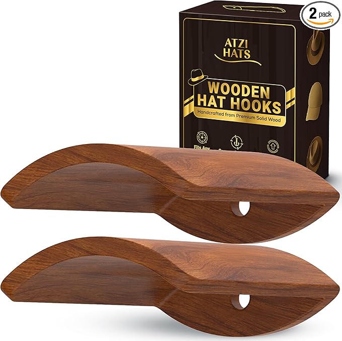 Cowboy Hat Hooks for Wall – Set of 2 Wooden Hat Holder Rack for Fedora, Western, Baseball & Sun Hats – Rustic Red Sandalwood Hooks for Home, Closet, Entryway, Cabin Hat Rack