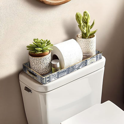 MAONAME Plastic Vanity Tray, Small Bathroom Counter Tray, Narrow Decorative Trays with Handles, Storage Dresser Trays Organizer for Toilet Tank, Jewelry, Makeup, 13.8" x 6" x 1.57"