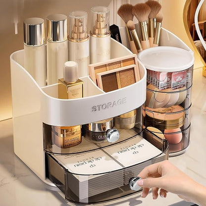 Makeup Organizer Countertop with Drawers, Rotating Skincare & Cosmetic Organizer for Vanity, 4 Clear Swivel Drawers, Large Capacity Make Up Storage for Cosmetics, Brushes, Jewelry