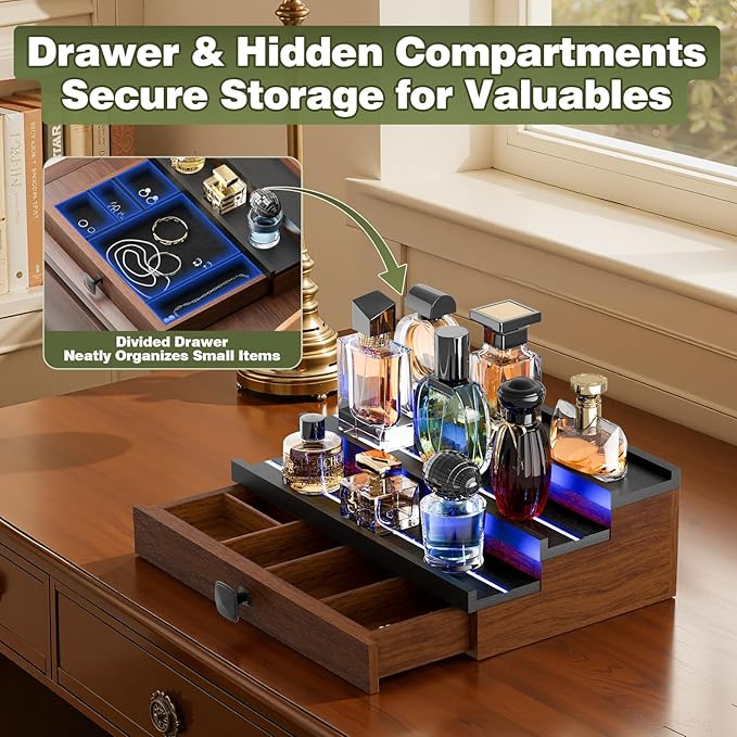 Perfume Cologne Organizer for Men: with LED Light 3 Tier Wooden Perfumes Stand, Desktop Parfum Holder Wood Display Shelf with Cabinet, Bedroom Makeup Lotion Jewelry Storage Rack with Drawer