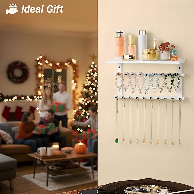 Emfogo Necklace Holder, Necklace Organizer Wall Mount Upgraded Oversized, 19 Hooks for Bracelet Necklace Storage Hanging, Jewelry Organizer Tray & Cosmetic Shelf
