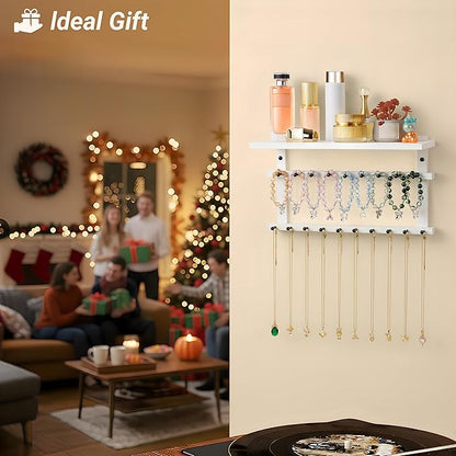 Emfogo Necklace Holder, Necklace Organizer Wall Mount Upgraded Oversized, 19 Hooks for Bracelet Necklace Storage Hanging, Jewelry Organizer Tray & Cosmetic Shelf