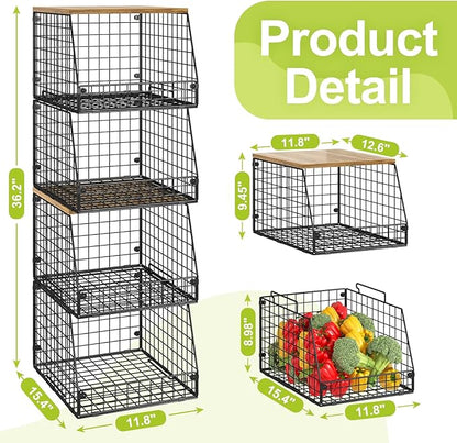 Jakyitvi 4 Pack Stackable Wire Baskets with Fixed Wooden Top, Vegetable Fruit Storage Bins for Onion Potato Snack, Pantry Baskets for Kitchen Cabinet Countertop, Pantry Organizers and Storage Rack
