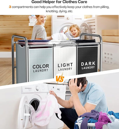 ROMOON Laundry Sorter Hamper 3 Section, Divided Laundry Basket Organizer with Heavy Duty Lockable Wheels and Removable Bags, Rolling Clothes Hamper for Apartment, Dorm & Family (135L Multicolor)