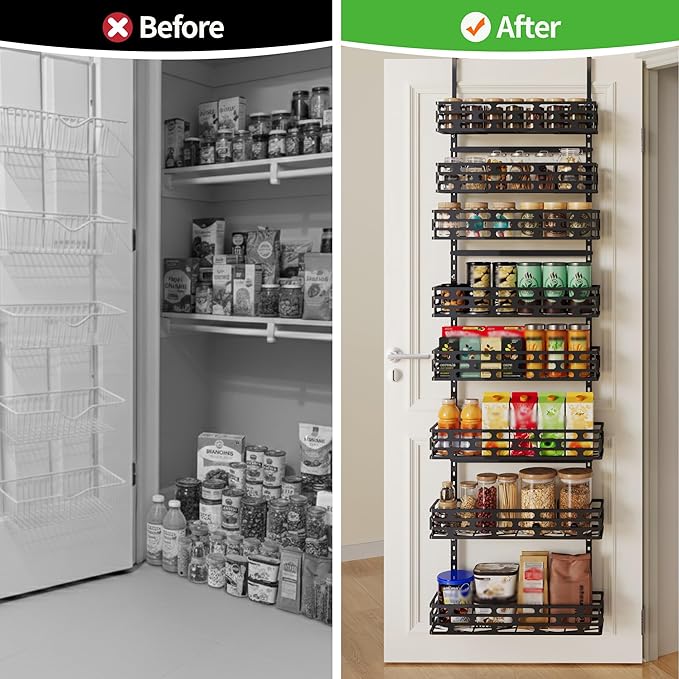 8-Tier Over The Door Pantry Organizer, Metal Pantry Organizers and Storage with Adjustable Basket, Seasoning Shelves for Home & Kitchen, Laundry Room Bathroom, Black