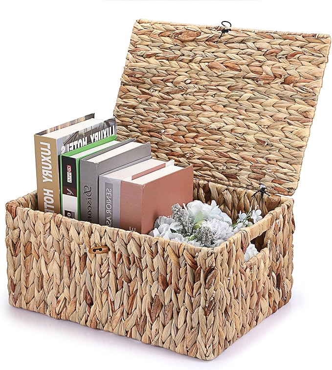 Hipiwe Wicker Storage Basket Bins with Lid, Large Water Hyacinth Baskets Box Rectangular Decorative Shelf Baskets Bin with Handles Handwoven Household Basket Boxes for Shelf Home Organizing