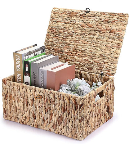 Hipiwe Wicker Storage Basket Bins with Lid, Large Water Hyacinth Baskets Box Rectangular Decorative Shelf Baskets Bin with Handles Handwoven Household Basket Boxes for Shelf Home Organizing