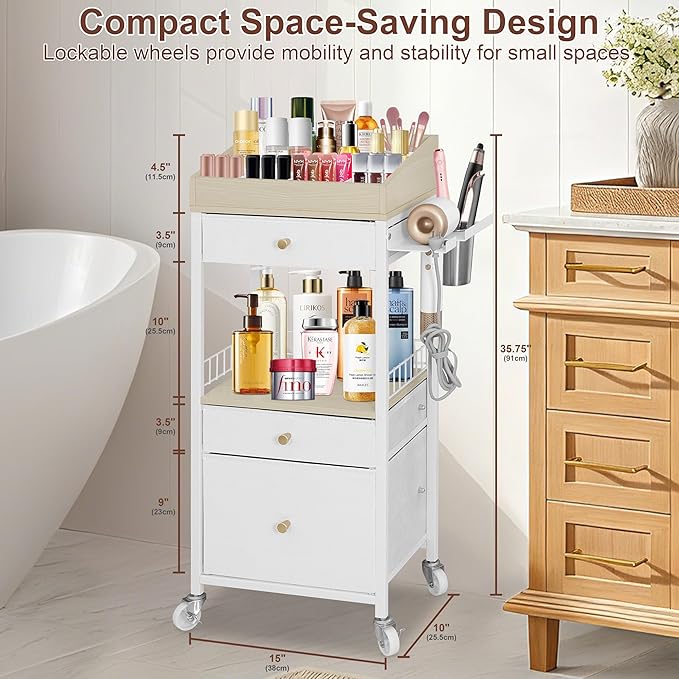 Makeup Organizer Cart with 3 Drawers, Large Cosmetic Organizer with Detachable Hair Tool Holder, Makeup Cabinet Cosmetic Display Cases for Skin Care Perfume Nail Polish, White & Natural