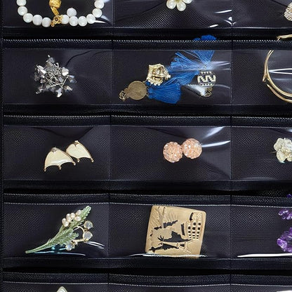Hanging Jewelry Organizer Storage Roll with Hanger Metal Hooks Double-Sided Jewelry Holder for Necklaces, Earrings, Rings on Door, Wall, Closet, 48 Pocket Organizer,Black
