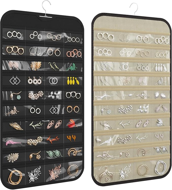 1 Pack Hanging Jewelry Organizer 80-Pocket Dual-sided Jewelry Storage for Earring Necklace Bracelet Ring Travel Holder, Black and Beige