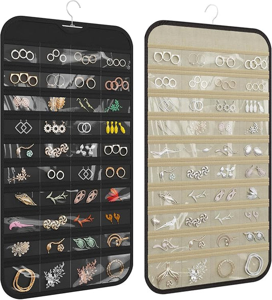 1 Pack Hanging Jewelry Organizer 80-Pocket Dual-sided Jewelry Storage for Earring Necklace Bracelet Ring Travel Holder, Black and Beige