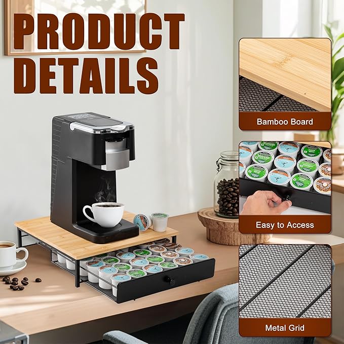 ROWISE Bamboo Coffee Pod Drawer Holder for K Cups, Coffee Capsule Organizer for Home Office, Kitchen, 36 Pods Capacity