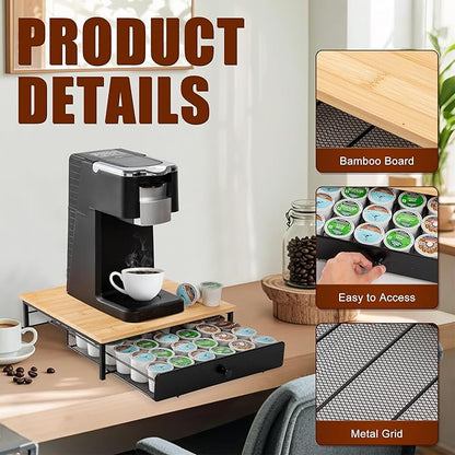 ROWISE Bamboo Coffee Pod Drawer Holder for K Cups, Coffee Capsule Organizer for Home Office, Kitchen, 36 Pods Capacity