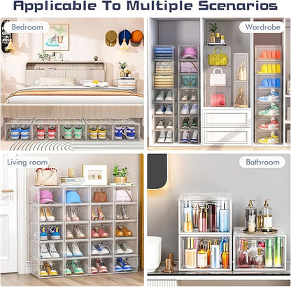 Shoe Storage Box, 9 Pcs Shoe Box Clear Plastic Stackable, Sturdy Foldable Shoe Organizer Containers with Magnetic Door for Women/Men, White