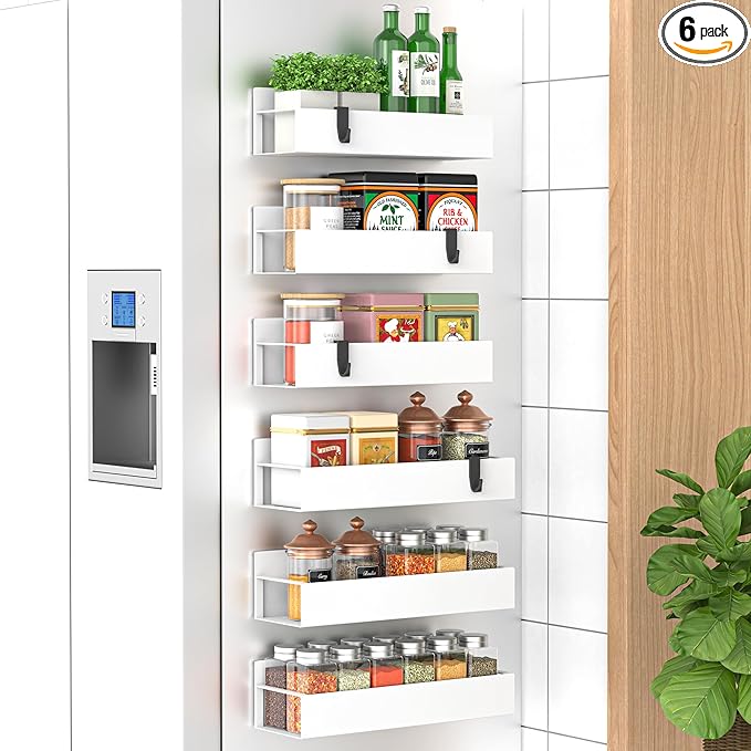 HuggieGems 6 Pack Magnetic Spice Storage Rack Organizer for Refrigerator and Oven, White Fridge Organizers and Storage