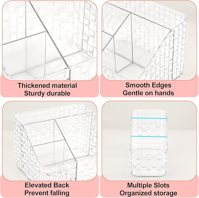 DASITON Makeup Brush Holder Organizer, 3 Slots Acrylic Makeup Brushes Storage Cup, Woven Texture Make Up Brush Holder for Vanity Bathroom Office, Pen Holder for Desk, Cosmetic Display Cases (Clear M)