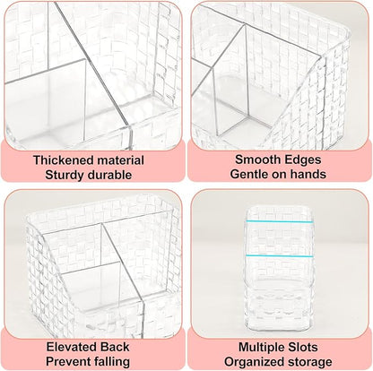 DASITON Makeup Brush Holder Organizer, 3 Slots Acrylic Makeup Brushes Storage Cup, Woven Texture Make Up Brush Holder for Vanity Bathroom Office, Pen Holder for Desk, Cosmetic Display Cases (Clear M)