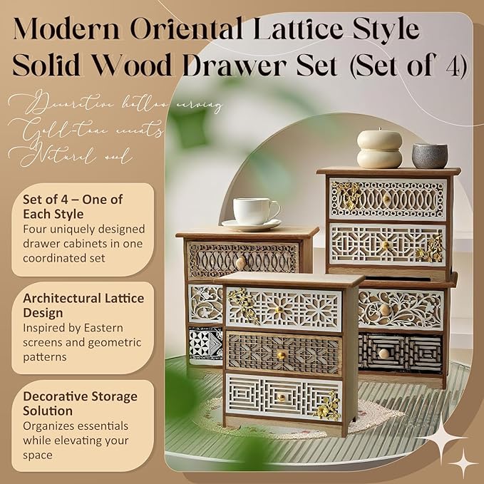 Set of 4 Decorative Solid Wood Drawer Organizers with Artisan Lattice Fronts — Vintage Eastern-Inspired Desktop Storage, Stackable Small Drawer Cabinets for Counters Countertops Cabinet Top