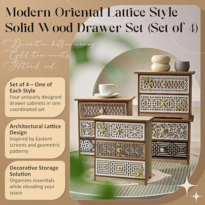 Set of 4 Decorative Solid Wood Drawer Organizers with Artisan Lattice Fronts — Vintage Eastern-Inspired Desktop Storage, Stackable Small Drawer Cabinets for Counters Countertops Cabinet Top