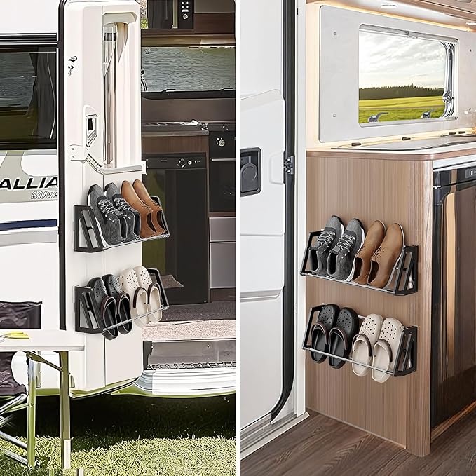 Wall Mounted Shoe Rack, 3 Pack Wall Shoe Rack Holds 6 pairs of shoes with Sticky Adhesive Strips, shoe organizer Space Saving Slim Organizer Racks Wall Mount Shoe Storage for Camper shoe hanger Black