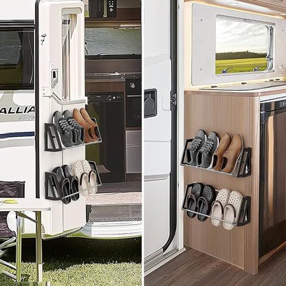 Wall Mounted Shoe Rack, 3 Pack Wall Shoe Rack Holds 6 pairs of shoes with Sticky Adhesive Strips, shoe organizer Space Saving Slim Organizer Racks Wall Mount Shoe Storage for Camper shoe hanger Black