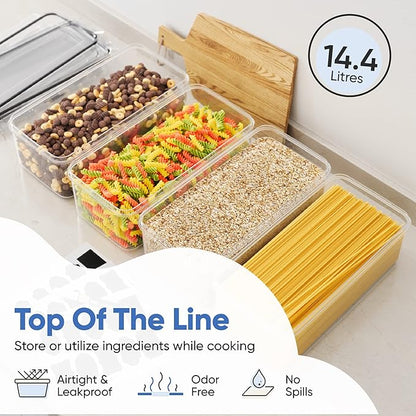 Chef's Path Airtight Food Storage Containers with Lids (Set of 4/3.6 Liters Each), Plastic Spaghetti Container for Pasta & Dry Food Storage, BPA Free Pantry Organizer Set with Kitchen Accessories