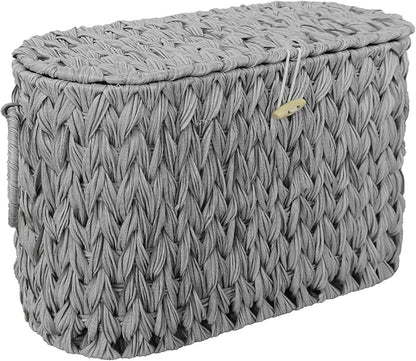 Coeusy Toilet Paper Storage Basket with Lid,Wicker Toilet Paper Holder Stand,Narrow Decorative Woven Bathroom Basket Organizer,Free Standing Grey