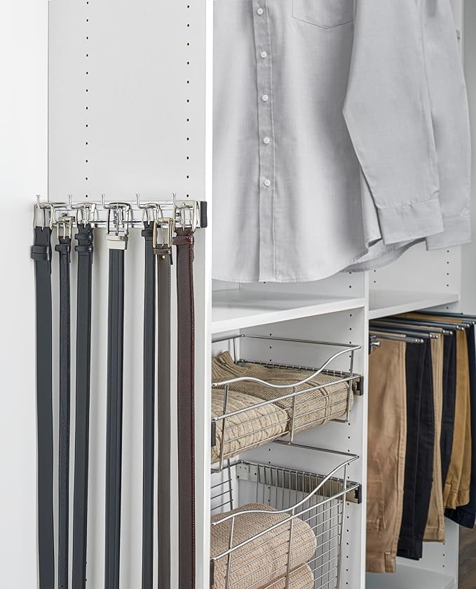 Rev-A-Shelf BRC-14CR 14-Inch Wall Mounted Pullout Closet Belt and Scarf Organization Rack Accessories Holder Hanger with 9 Hooks, Chrome (2 Pack)